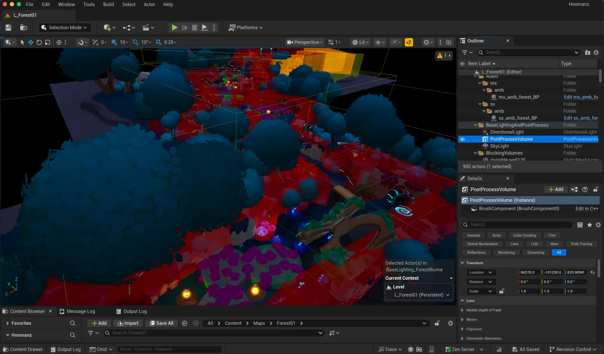 The Hoomanz! forest level open in the Unreal Engine editor, with the level outliner and details panels.